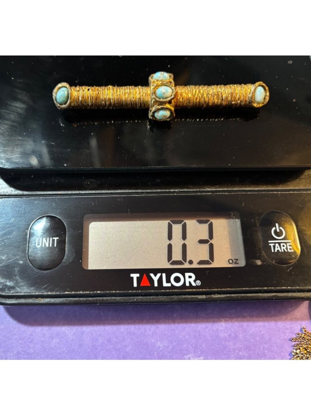 Gold Tone Turquoise Cabochons Rope-Like Texture Brooch Bar Pin Statement Vintage - Picture 8 of 8